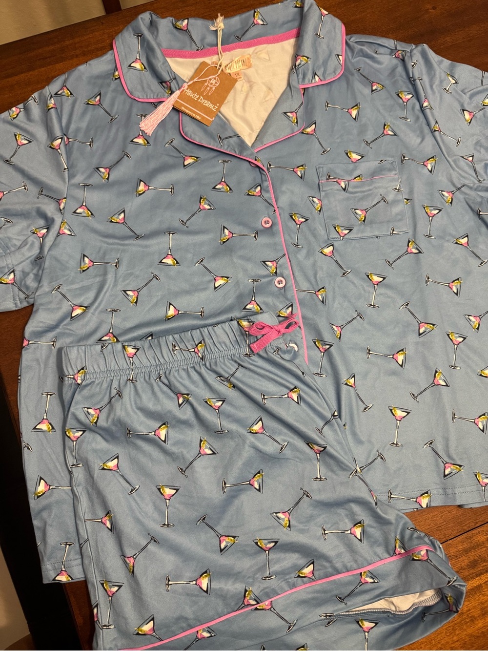 Woman’s Blue Martini Print Pajama Set with Pink Trim